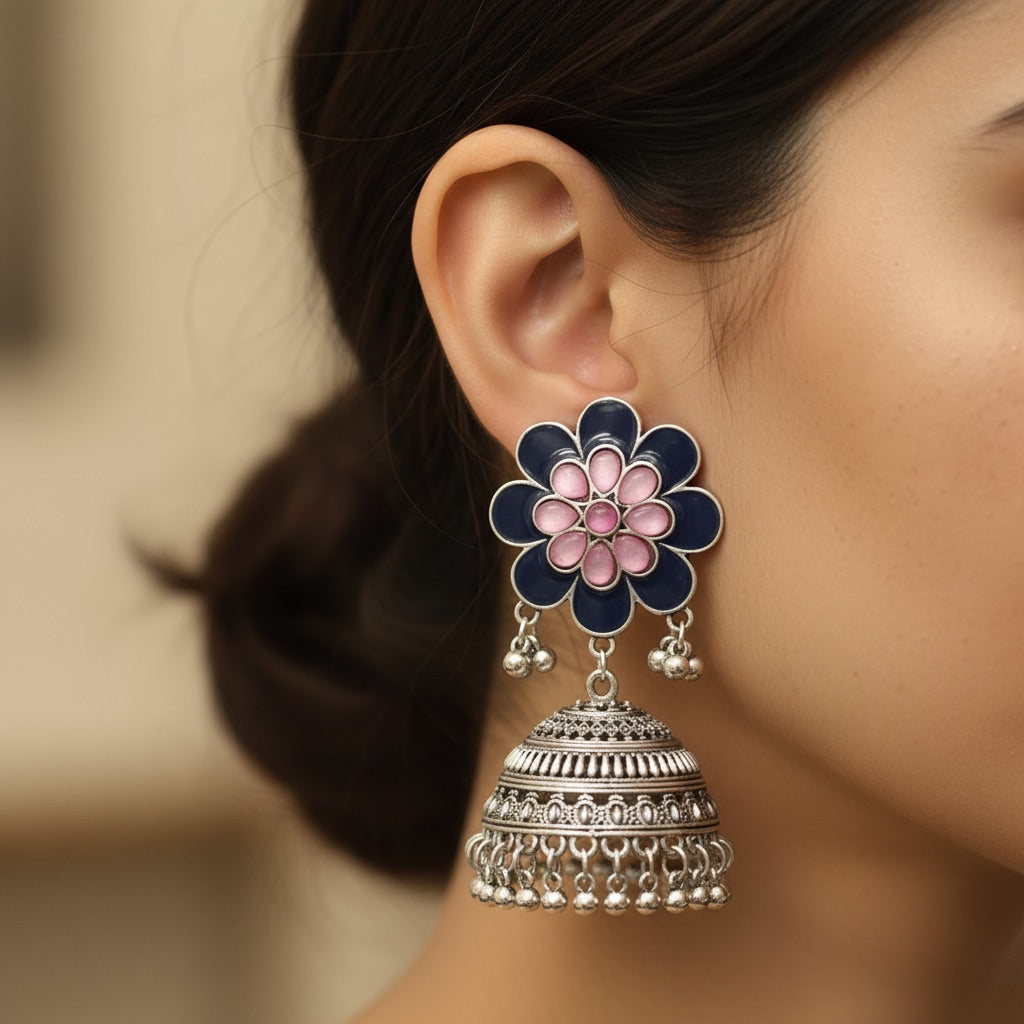 Floral Jhumka Earring - Oxidized Earring