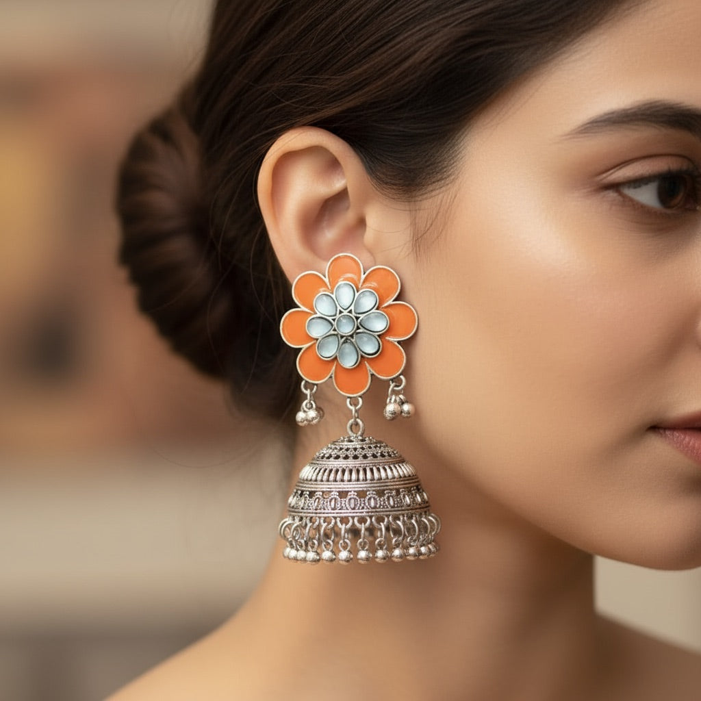 Floral Jhumka Earring - Oxidized Earring
