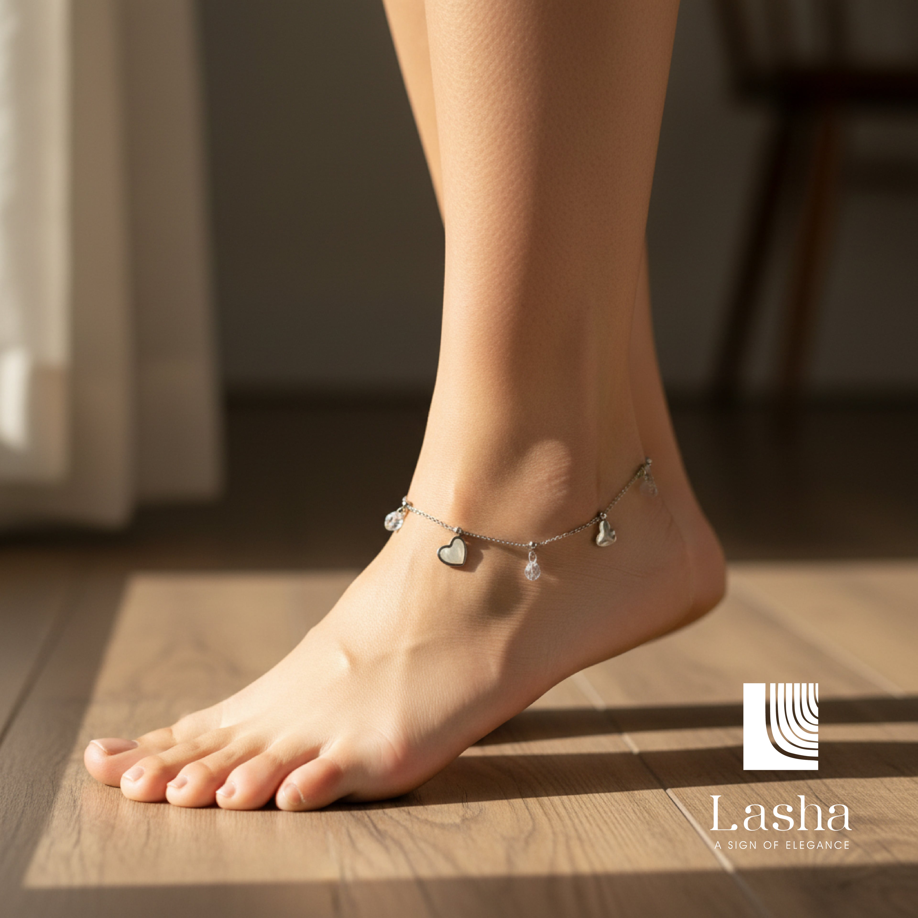Silver Heart Drops Charm Anklet