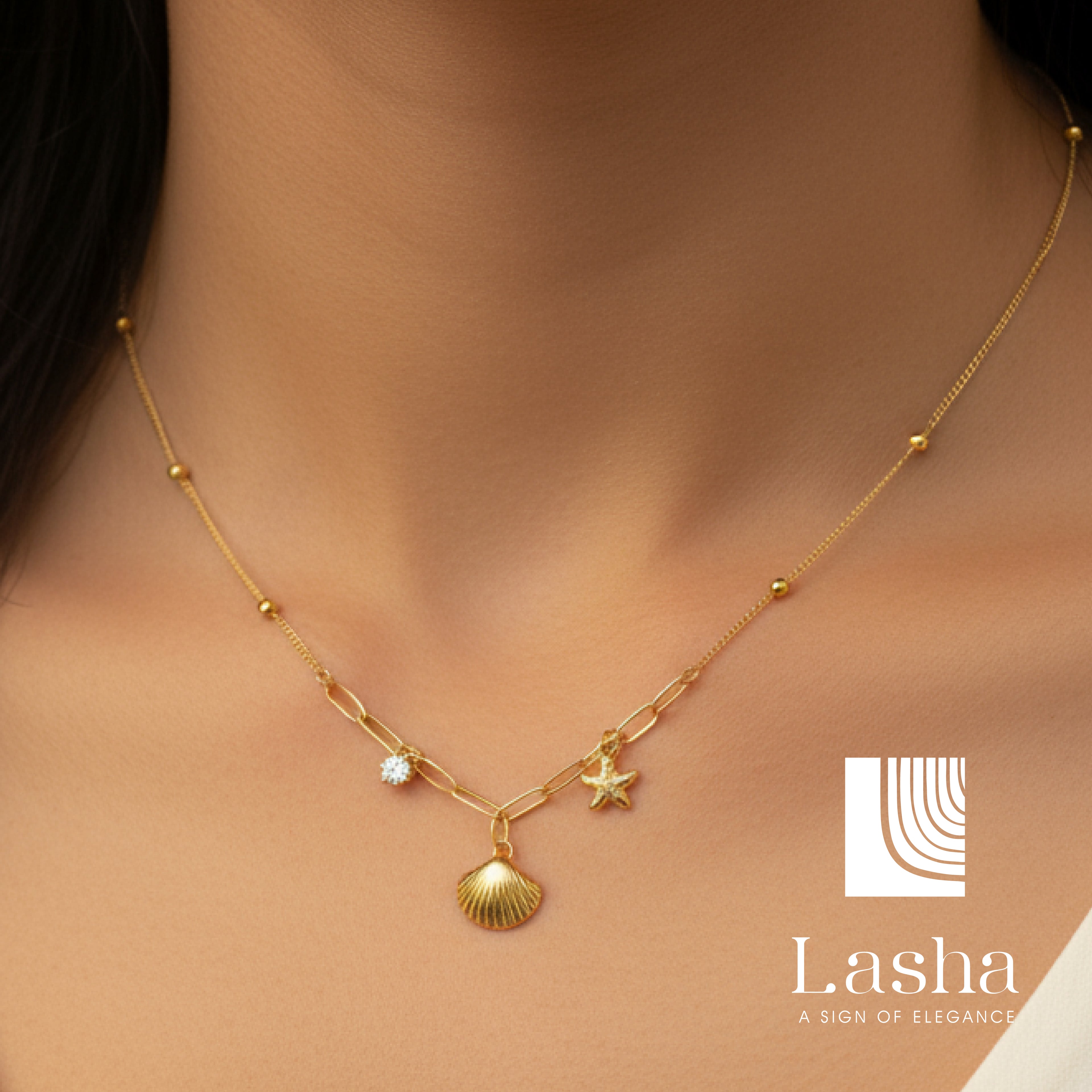 Gold Seashell & Starfish Charm Necklace - Necklace
