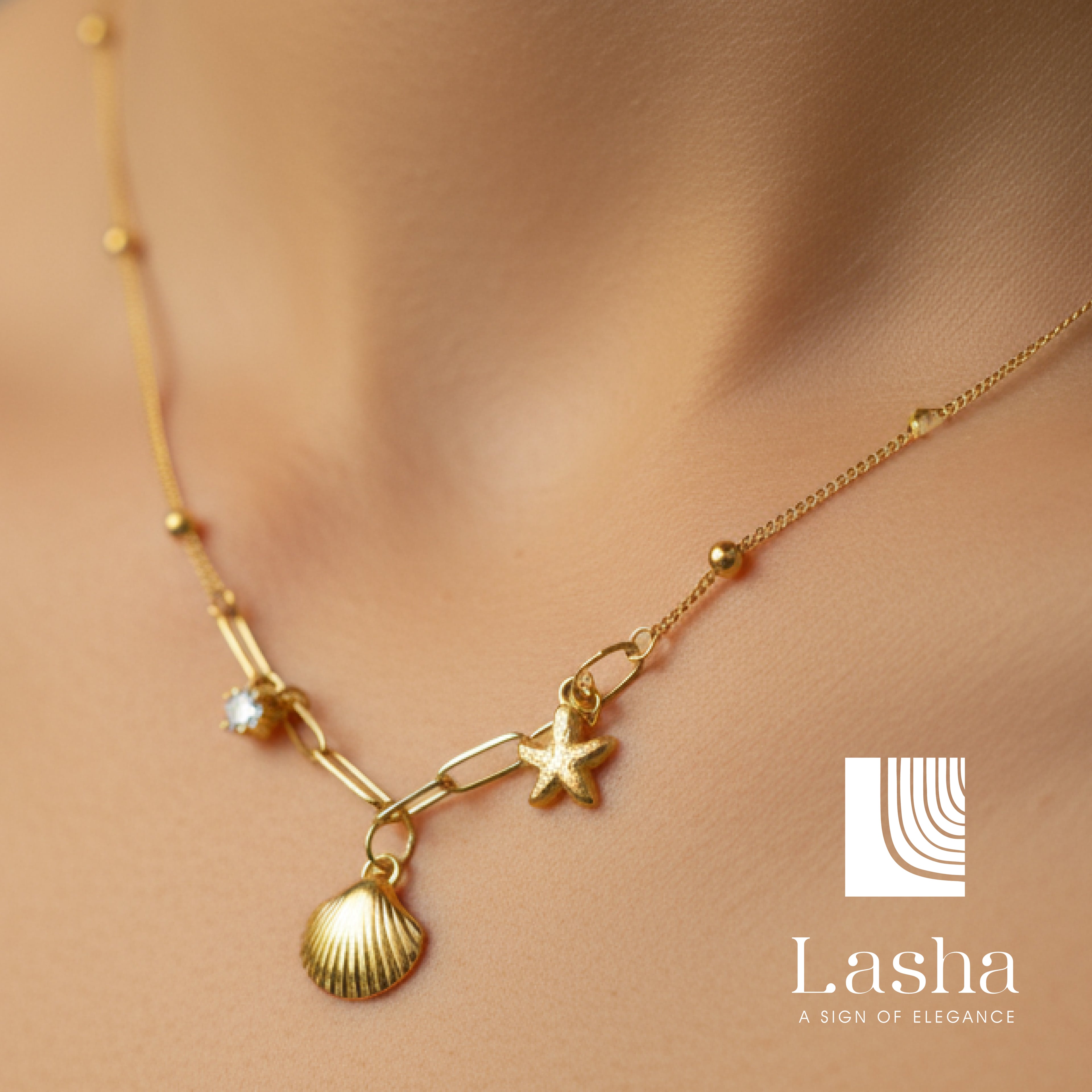 Gold Seashell & Starfish Charm Necklace - Necklace