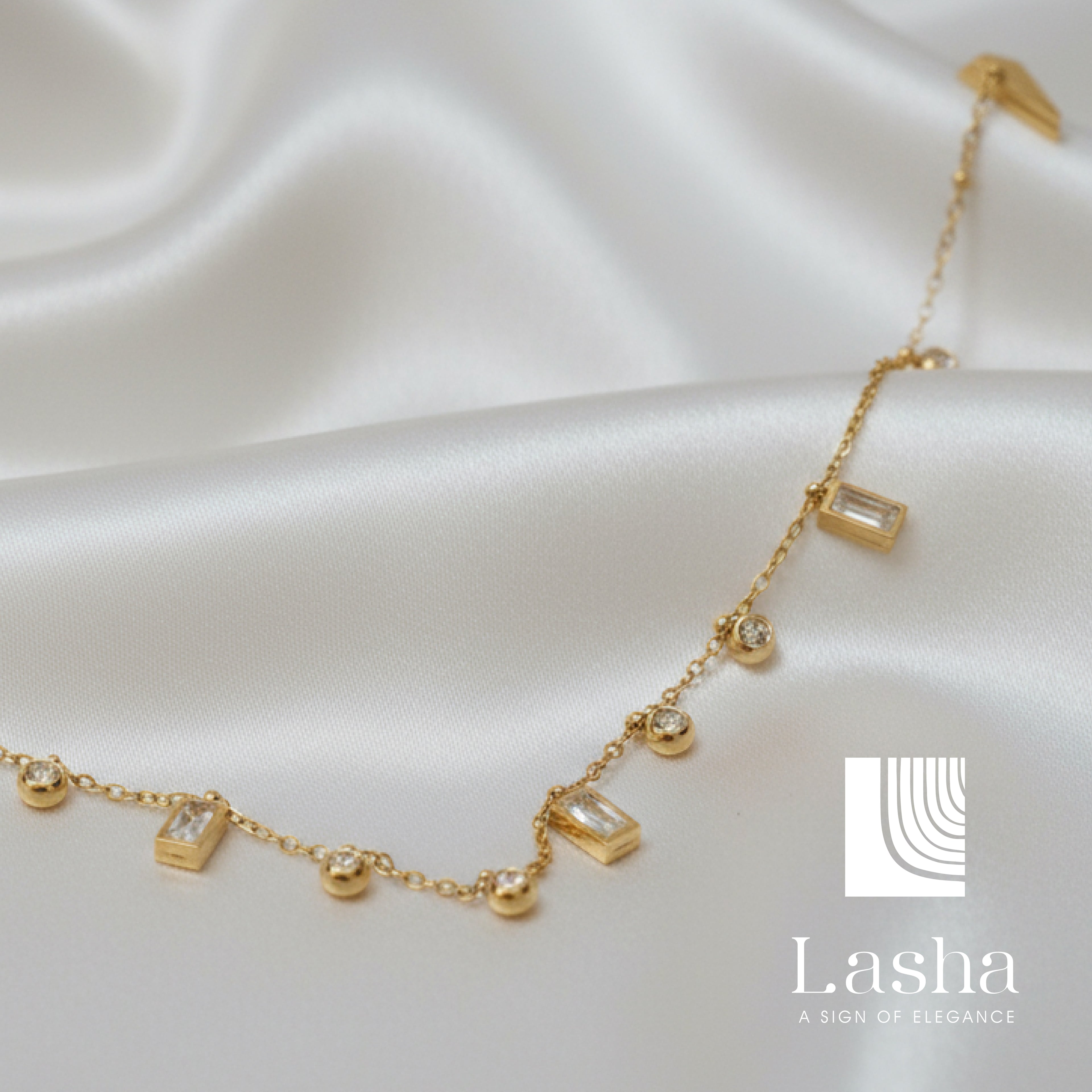 White Stone Round & Rectangle Charm Necklace