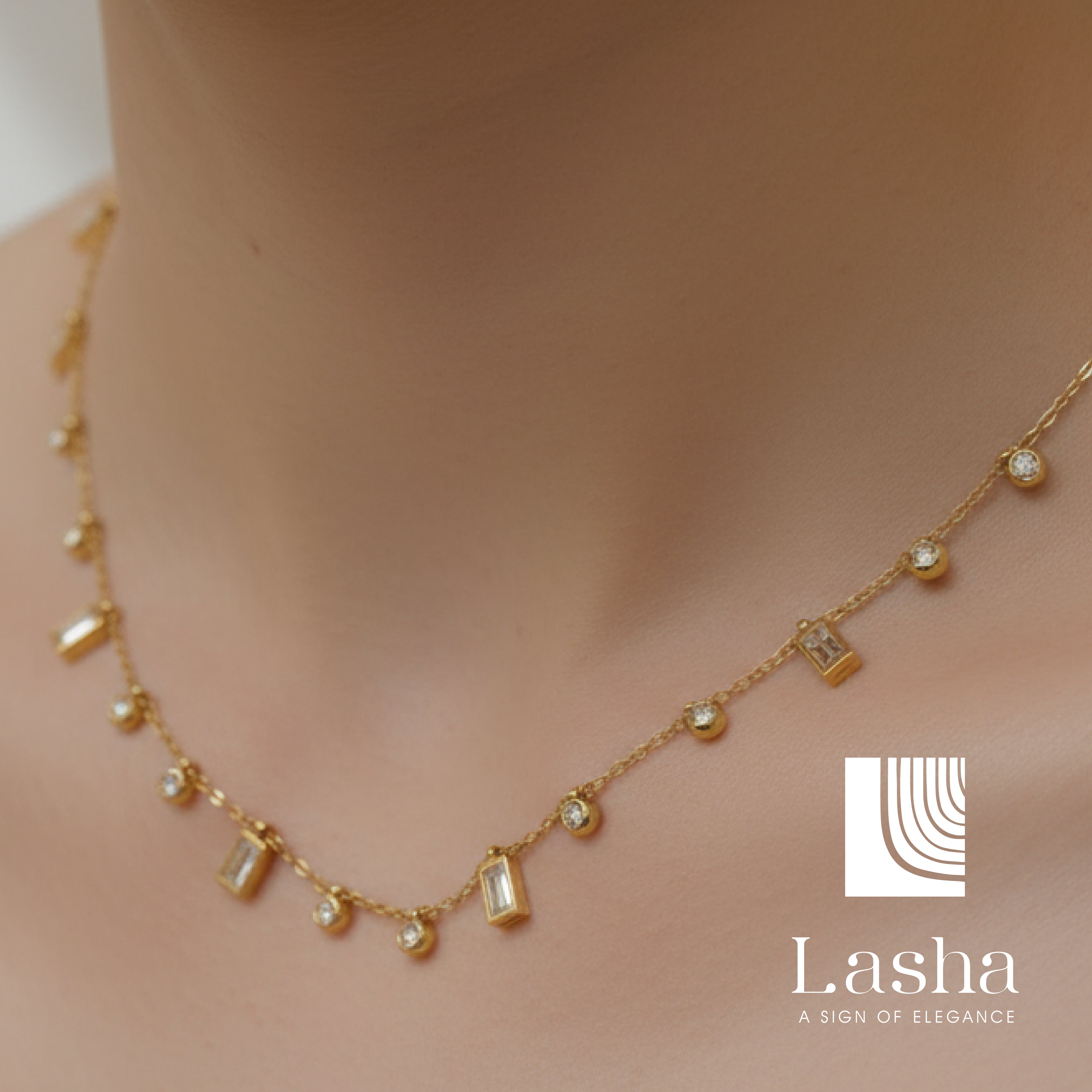 White Stone Round & Rectangle Charm Necklace