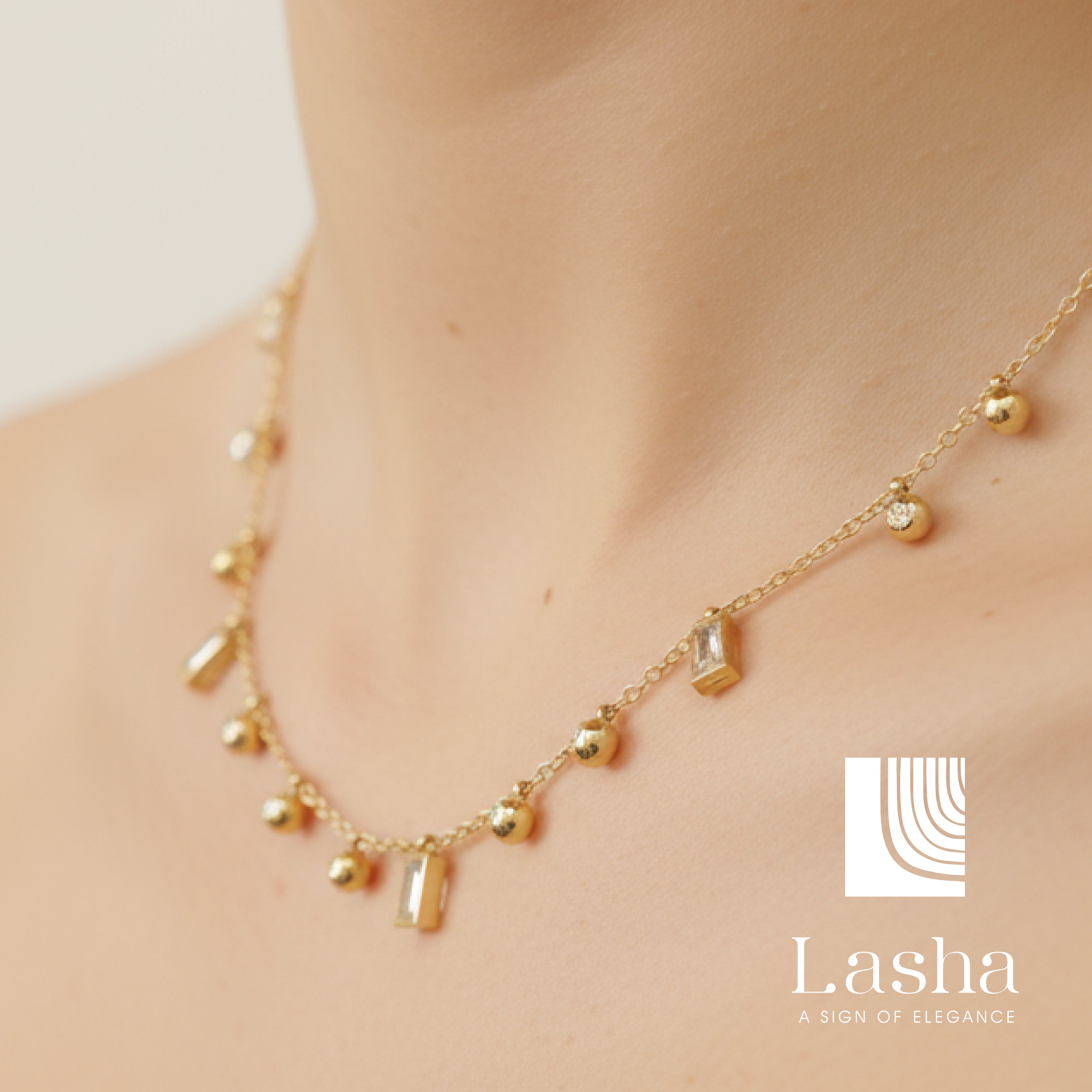 White Stone Round & Rectangle Charm Necklace